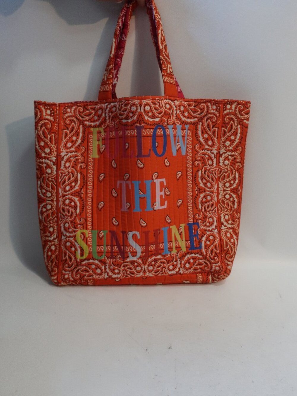 NWT Womens Tina Demel "Follow The Sunshine" Double Sided Bandana Org, Pk Tote